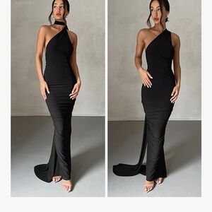 Amazon Black One-Shoulder Backless Evening Gown